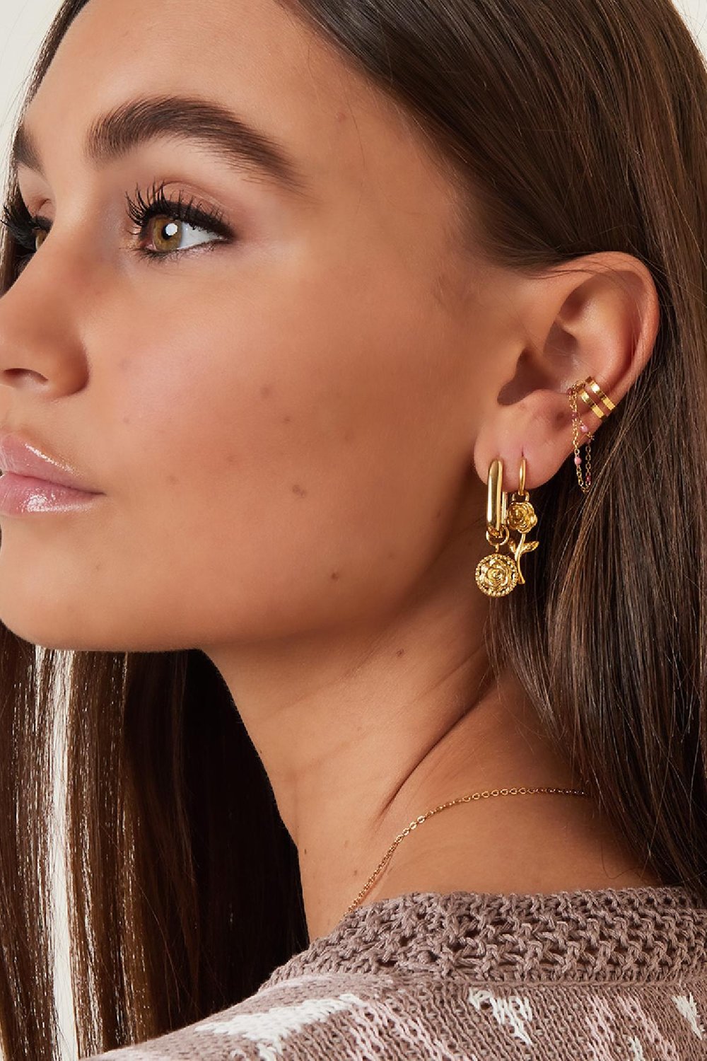 Earcuff ketting kleine kralen Roze Stainless Steel h5Afbeelding3